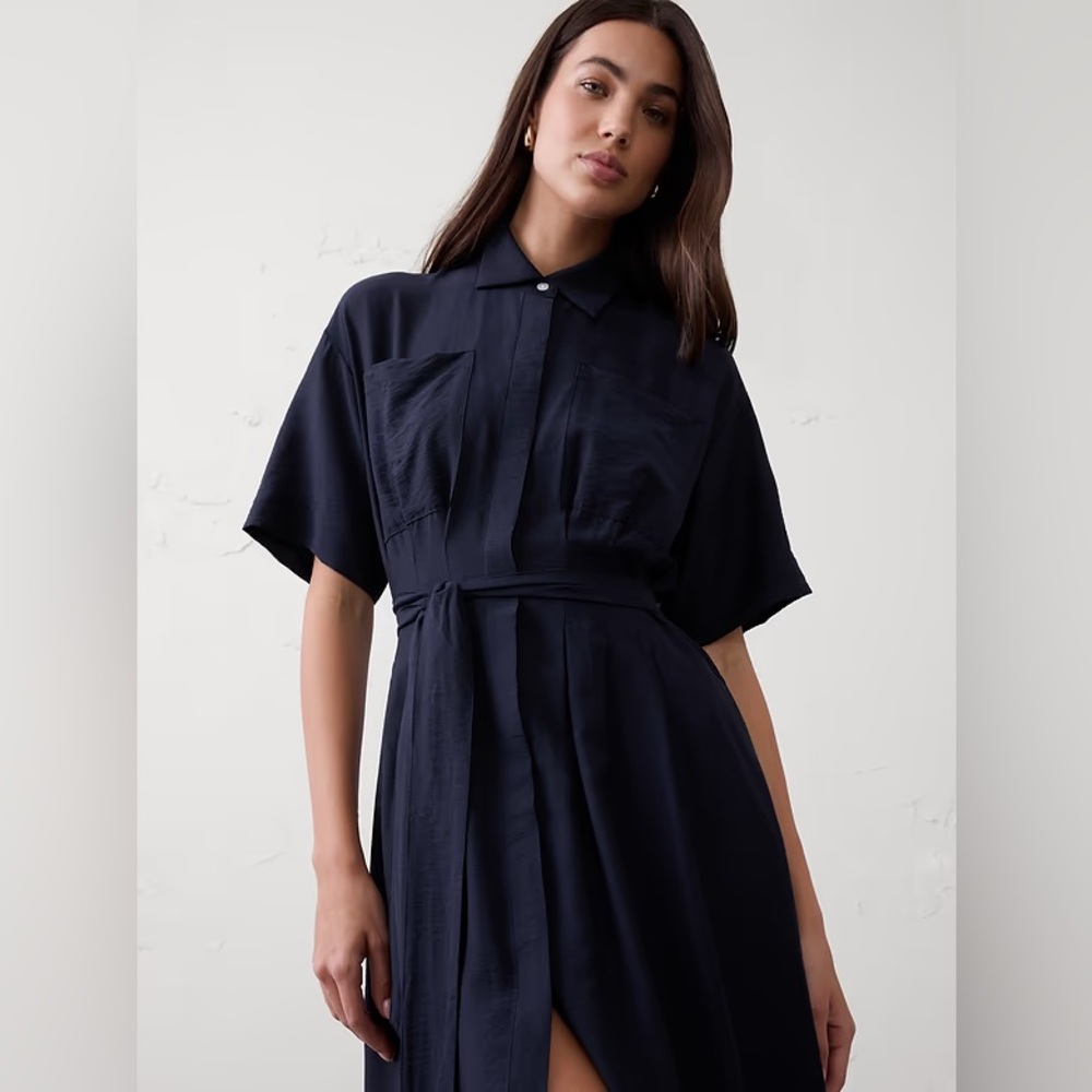 NWT! Banana Republic Navy Pleated Midi Shirtdress - Size XL 🎻 - Picture 3 of 5